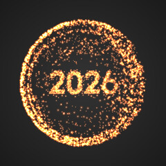 Sparkling Happy New Year 2026 countdown circle design with orange glitter vector effect isolated on dark background, perfect for festive celebrations, invitations card or social media post template.