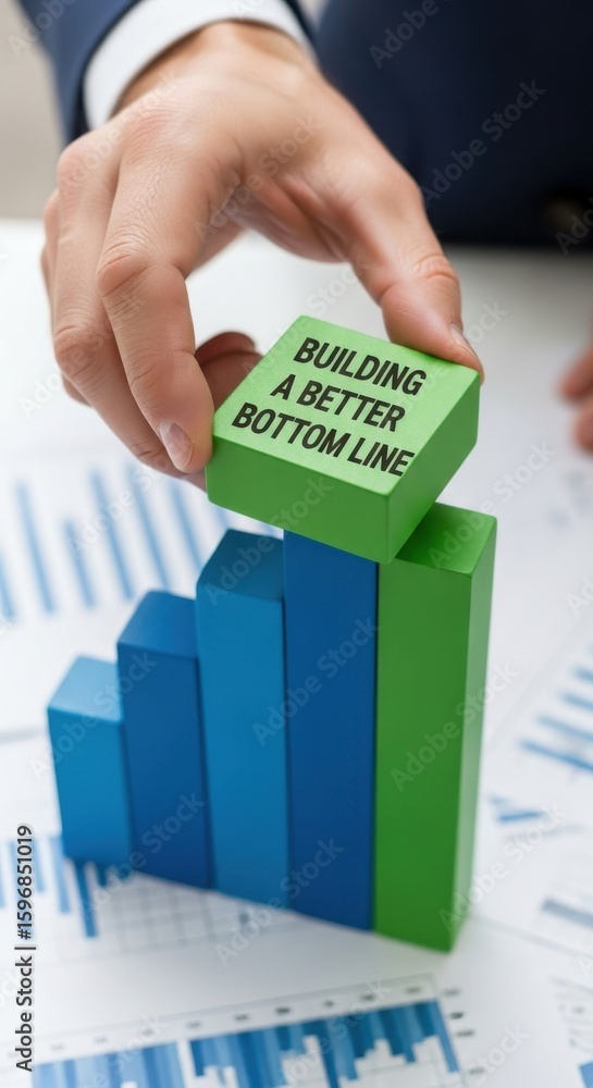 Aufkleber hand placing green block with text building a better bottom line on blue bar graph business finance