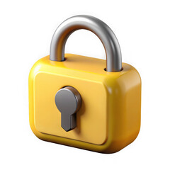 Bright yellow padlock with silver shackle isolated on transparent background