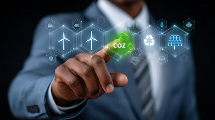Fototapeta premium A person interacting with a digital interface displaying a green CO2 icon and sustainability symbols like wind turbines, solar panels, and recycling, representing carbon footprint