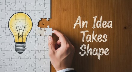 Hand placing puzzle piece into lightbulb made of jigsaw pieces on wooden surface idea solution