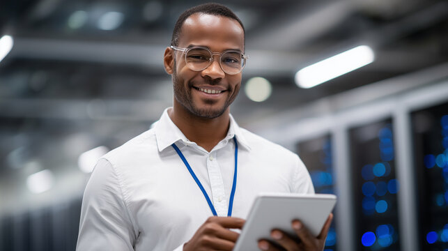 network engineer in a secure server room, reviewing real-time analytics on a tablet while checking rack-mounted hardware and cooling systems for optimal performance network enginee