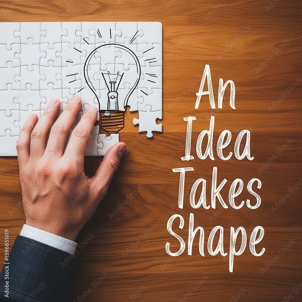 Poster hand placing puzzle piece on lightbulb drawing on wooden table with text an idea takes shape jigsaw 