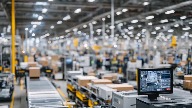 A state-of-the-art production facility featuring automated assembly lines and safety-focused workers in a bright, organized environment.