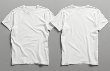 Pair of plain white short-sleeve t-shirts for custom printing branding mockups. White tee shirts positioned side by side, gray background, vibrant colors stand out. Customizable blank t-shirts for