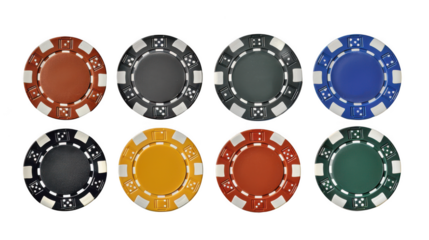 A collection of eight colorful poker chips in various shades and colors isolated on transparent background
