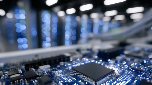 Explore the intricate details of server hardware in a data center, featuring circuit boards and glowing network cables.