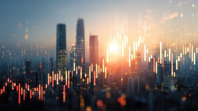 Forex trade market and development concept with growing digital candlestick and indicators on sunny skyscrapers background. Double exposure, no logos, no brands