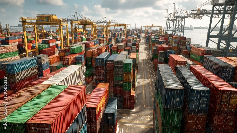 Poster shipping containers stacked at busy seaport terminal with cranes loading cargo
