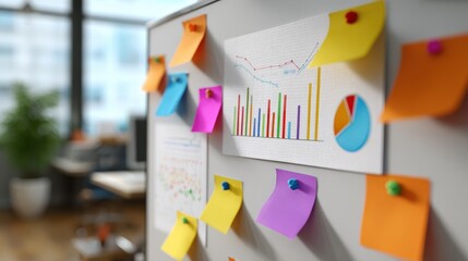 Colorful sticky notes and graphs pinned on a white board in a bright office setting, representing brainstorming and planning concepts