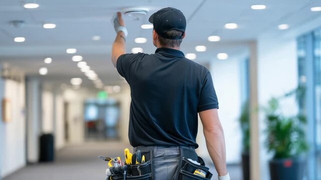 A professionally dressed man installs a modern smoke detector in a spacious commercial hallway, equipped with construction tools.