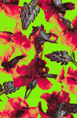 High-contrast digital floral composition with red petals and black accents on bright green background. Edgy and eye-catching. poster art