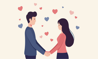 Flat Illustration Of A Couple Facing Each Other Surrounded By Hearts, Suitable For Social Media And Love-Themed Designs Flat Design Style