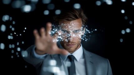 modern executive in formal attire reaching toward augmented reality display with glowing network symbols and business analytics visuals business executive, augmented reality, smart