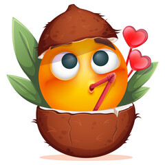 Summer emoji with coconut cocktail and tropical leaves on white background. Funny summer emoticon with cocktail straw. Positive vibes, good mood, vacation, travel, holiday concept
