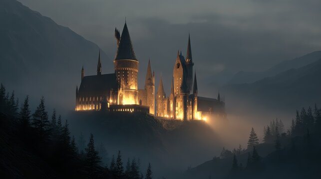 A towering gothic castle perched on a misty hill, illuminated by warm lights at twilight, creating a mysterious atmosphere.