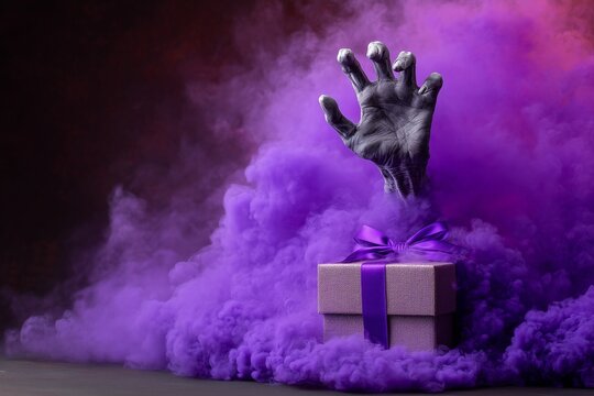 A zombie hand emerging from a gift box surrounded by purple smoke.