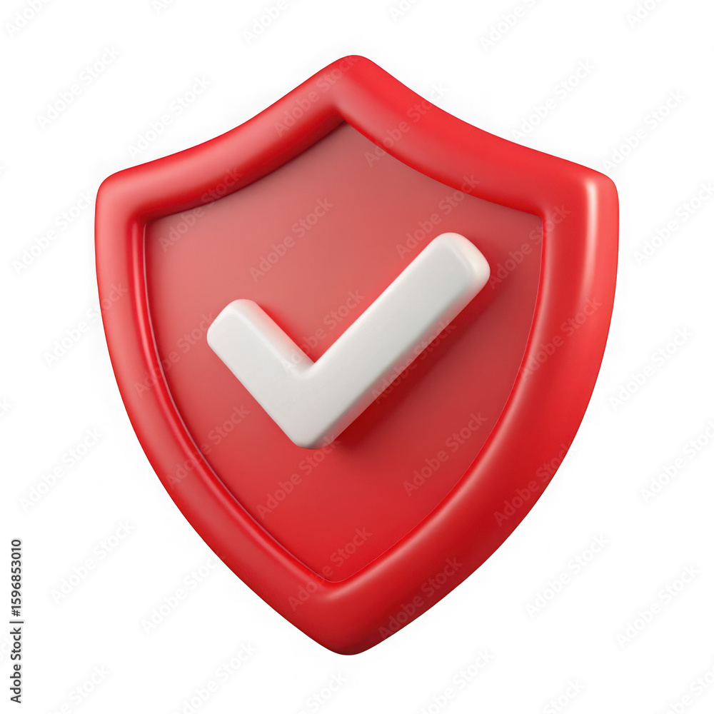 Poster red shield with white check mark symbol isolated on transparent background