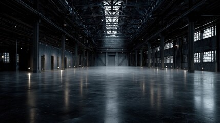 Obraz premium Dark empty warehouse. Hall inside floor. Generate Ai