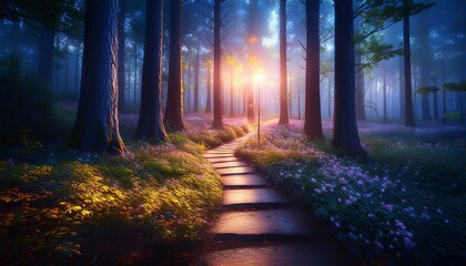Obraz premium enchanted forest path illuminated by glowing lights at twilight a magical scene of natures beauty