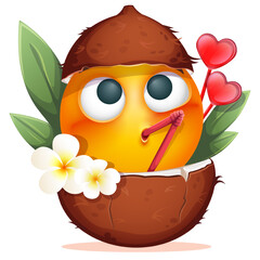 Summer emoji with coconut cocktail and cocktail straw on white background. Funny summer emoticon with tropical flowers and tropical leaves. Positive vibes, good mood, vacation, travel, holiday concept