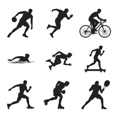 Diverse Sports Silhouettes Collection Vector Illustration: Dynamic Figures in Action for Basketball, Running, Cycling, Swimming, Skateboarding, and More