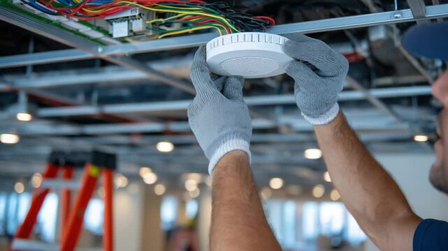 A technician installs a smart smoke detector on a ceiling, showcasing digital wiring in a commercial setting. - Powered by Adobe