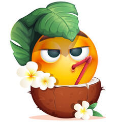Summer emoji with coconut cocktail and cocktail straw on white background. Funny summer emoticon with tropical flowers and tropical leaves. Positive vibes, good mood, vacation, travel, holiday concept