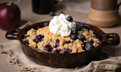 Delicious blueberry fruit cobbler dessert in dark brown ceramic dish, topped with whipped cream, fresh blueberries. Gray tablecloth background, light brown coffee mug, red apple slice complete cozy