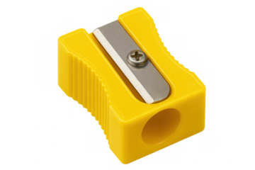 Yellow pencil sharpener sitting isolated, ready for precise pencil point preparation in educational or professional workspace environments