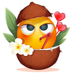 Summer emoji with coconut cocktail and cocktail straw on white background. Funny summer emoticon with tropical flowers and tropical leaves. Positive vibes, good mood, vacation, travel, holiday concept