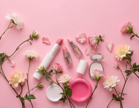 Beauty products assortment on pink, white gradient background. Vibrant makeup items including red lipstick, pink lip liner, pink eyeshadow palette, pink lip scrub. Compact mirror visible in side.