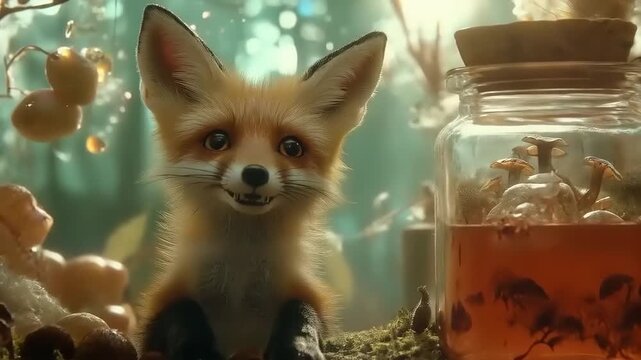 Enchanting forest scene with a curious fox and a mysterious potion bottle