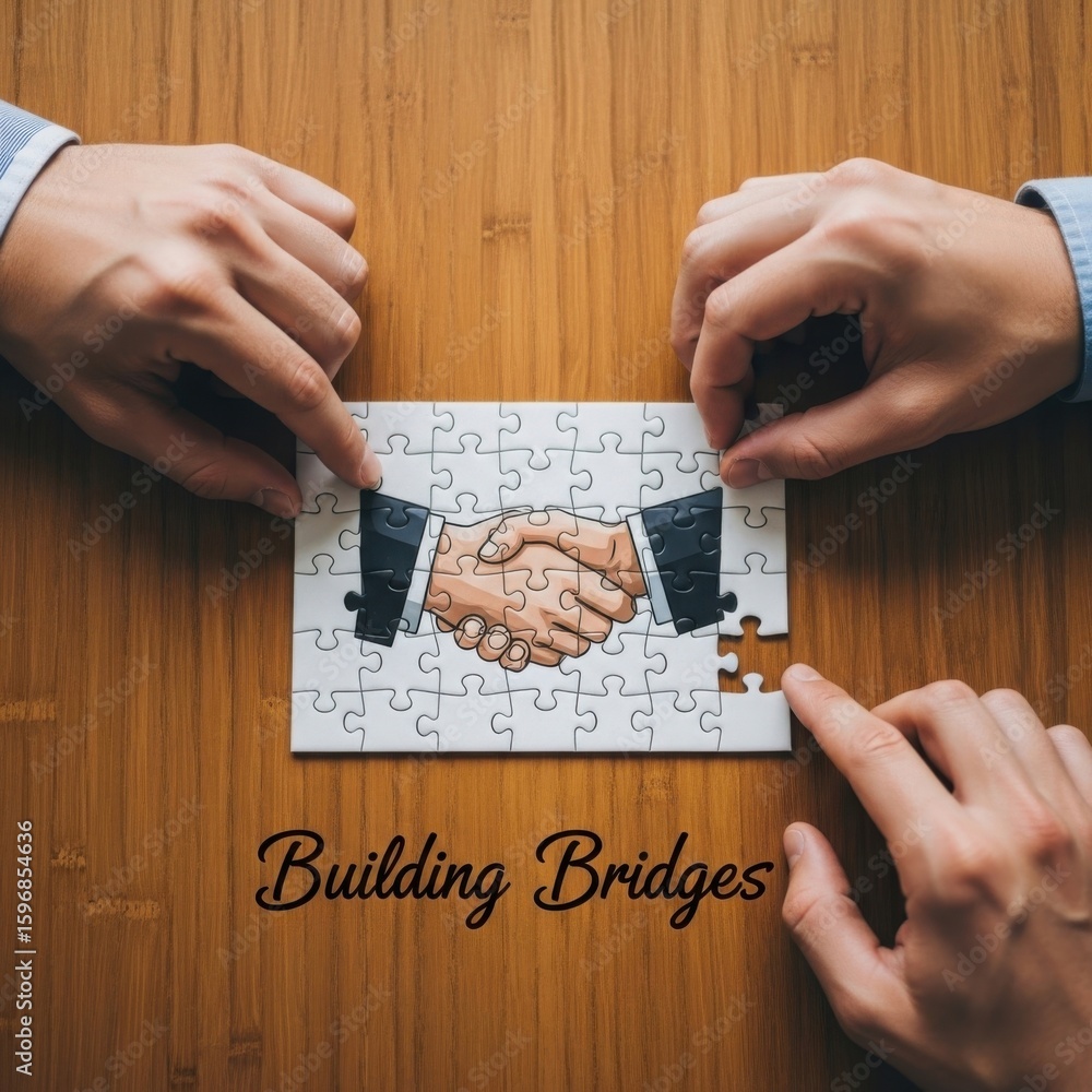 Aufkleber hands assembling puzzle with handshake image and text building bridges business partnership