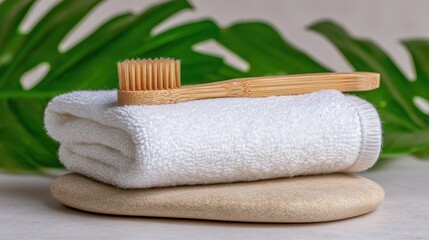 White towels and a bamboo toothbrush on stones.