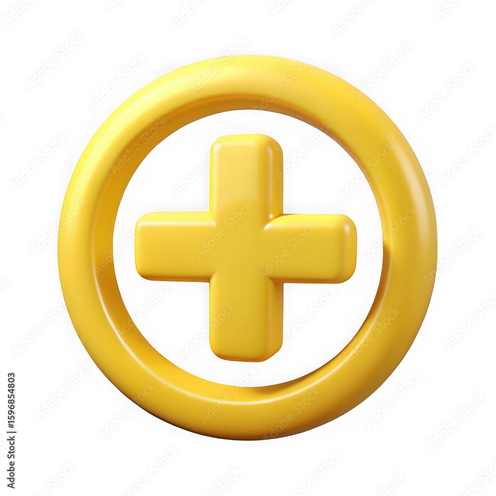 Poster glossy yellow plus symbol inside a circle isolated on transparent background