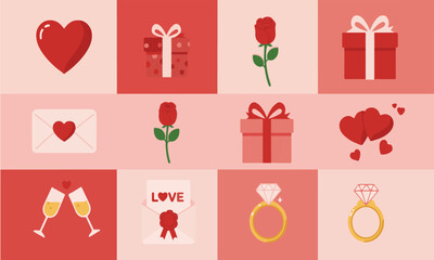 Flat Illustration Of Valentine Icons With Gift Boxes, Envelopes, And Rings Suitable For Cards Or Stickers Flat Design Style