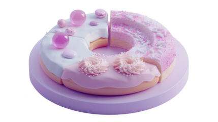 A colorful donutshaped cake resembling a pie chart, decorated with frosting and sprinkles isolated on transparent background