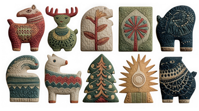 Collection of ten festive christmas ornaments and cookies isolated on transparent background