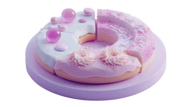 A colorful donutshaped cake resembling a pie chart, decorated with frosting and sprinkles isolated on transparent background
