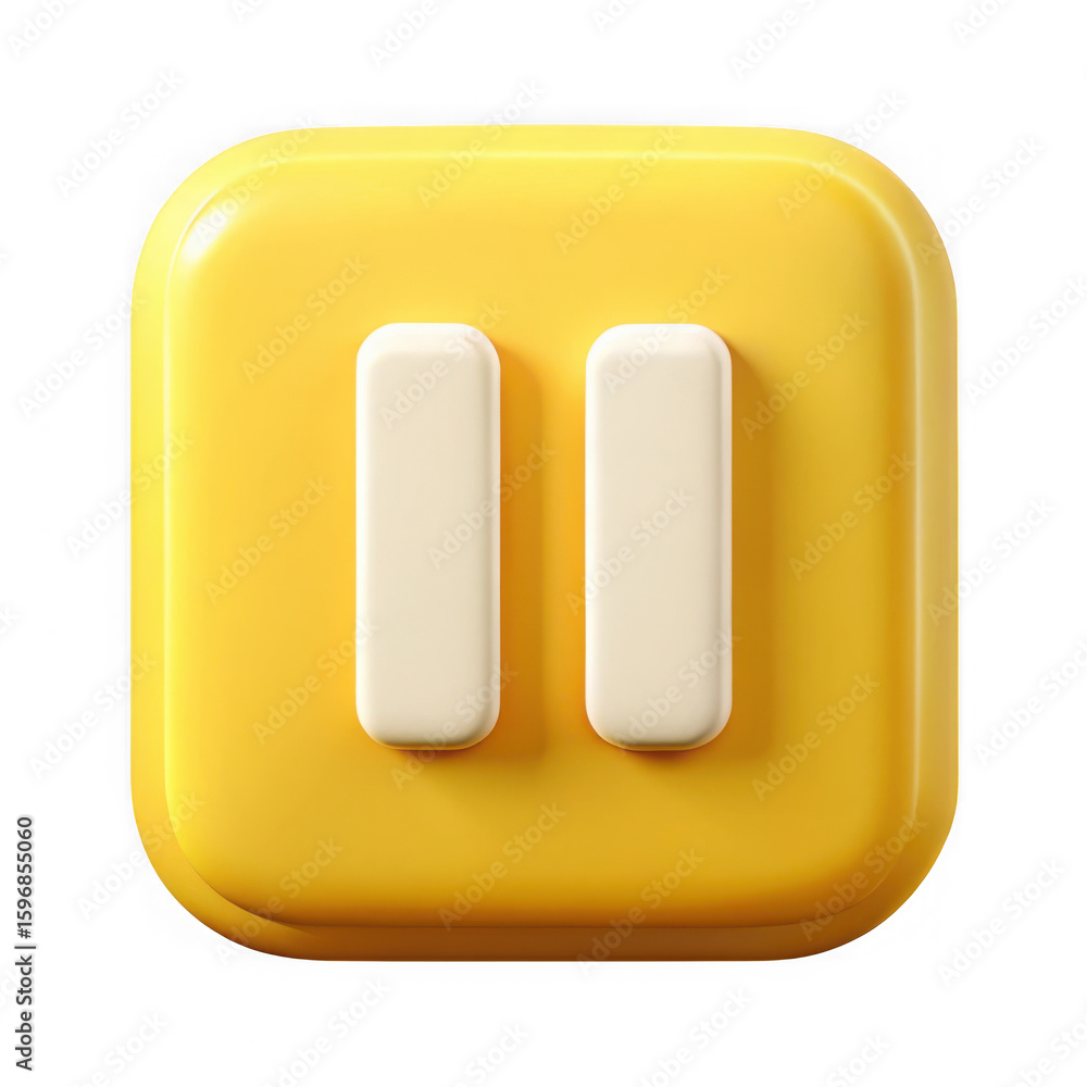 Poster yellow 3d pause button icon isolated on transparent background