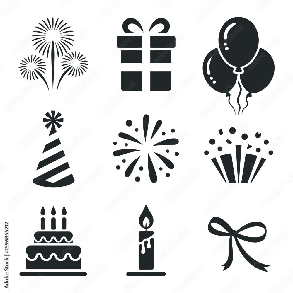 Poster a collection of joyful icons for special occasions featuring fireworks gifts balloons and more perfe