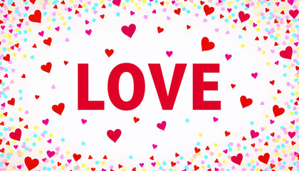 Love theme with red hearts and colorful confetti background for Valentine's Day  