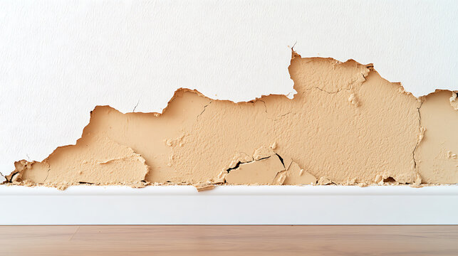Damaged Wall Plaster: Interior wall with peeling, cracked plaster, revealing the layer underneath. White trim and wooden floor provide contrast.