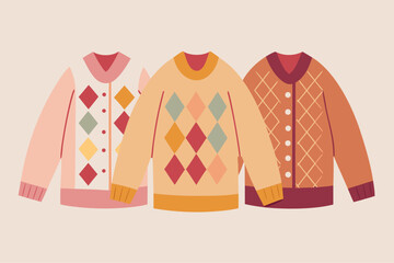 Three cozy knit sweaters with argyle patterns in warm autumn colors