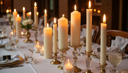 Elegant dining table with lit candles and floral centerpiece for Valentine's Day  