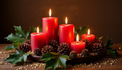 Red candles arranged with pinecones and holly leaves for Valentine's Day  
