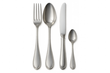 Metallic flatware set with fork, knife, and spoons, positioned against clear background, highlighting dining utensils for culinary graphics