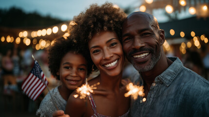 Obraz premium An American family celebrating 4th of July in their backyard with barbecue, children holding sparklers, flags waving, warm golden hour light, festive atmosphere, suburban USA, holi