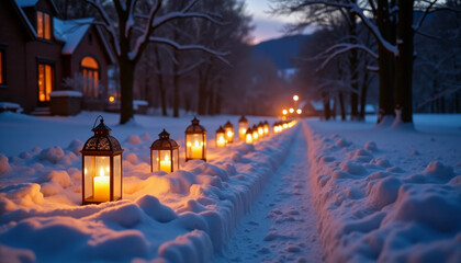 Snowy path lit by lanterns during evening in winter for Valentine's Day  